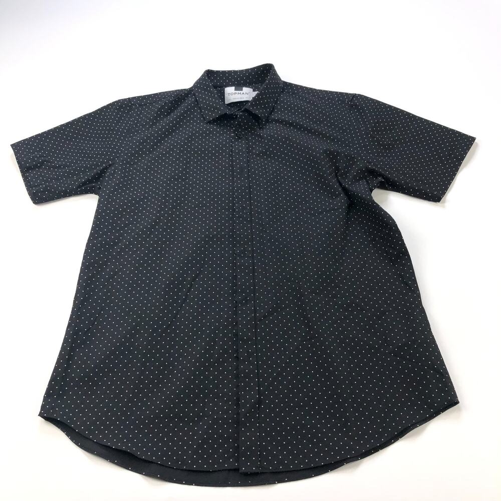 Topman LG Button Short Sleeve Casual Collared Shirt Polka Dot Black White
